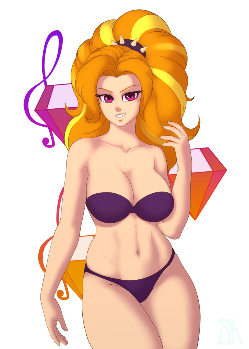 adagio_dazzle arm_at_side bare_arms bare_legs bare_shoulders bikini blonde_hair breasts cleavage clenched_teeth collarbone equestria_girls female female_only friendship_is_magic grin hand_up hasbro human humanized large_breasts legs long_hair looking_at_viewer midriff multicolored_hair my_little_pony naughty_face navel neck orange_hair parted_lips personification pink_eyes purple_bikini purple_swimsuit smile solo souladdicted spiked spiked_hair_ornament standing strapless strapless_bikini strapless_swimsuit swimsuit teeth