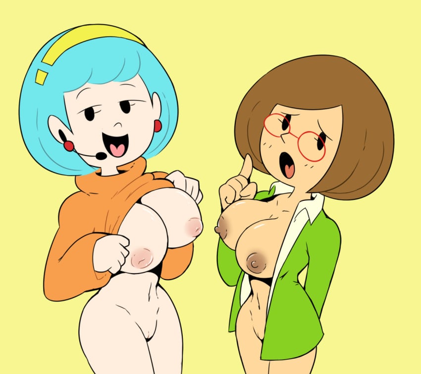 2girls accurate_art_style amelia_n. breasts brown_hair chocolate_and_vanilla clothing coat cyan_hair duo earrings erect_nipples glasses half-closed_eyes huge_breasts inverted_nipples large_breasts long_sleeves looking_at_viewer miscon mob_face mole mouth_open multiple_girls nikki_(swapnote) nintendo nintendo_switch nude pussy short_hair swapnote sweater sweater_lift thick thick_thighs thighs vagina wide_hips