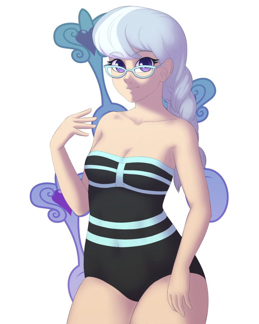 bare_arms bare_legs bare_shoulders black_swimsuit braid breasts cleavage closed_mouth collarbone female female_only friendship_is_magic hand_up human humanized legs long_hair looking_at_viewer medium_breasts my_little_pony neck one-piece_swimsuit personification purple_eyes silver_hair silver_spoon_(mlp) smile solo souladdicted standing strapless strapless_swimsuit swimsuit