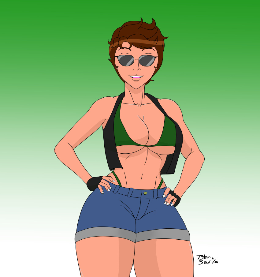 7starsoul alison_r_hart_burnett artist_signature big_breasts bikini_top breasts brown_hair commission commissioner_upload denim_shorts fingerless_gloves g.i._joe gloves hands_on_hips lady_jaye looking_at_viewer shorts sunglasses tinted_eyewear vest