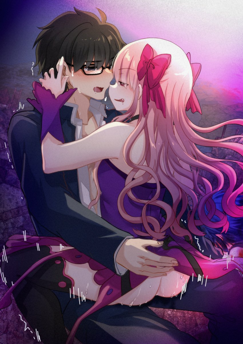 1boy 2girls absurdres assertive_female bad_end bare_shoulders black_hair blue_hair boots bottomless bow choker ciel_(tsukihime) clothed_sex dead_apostle_noel_(tsukihime) defeated dress female glasses highres huge_filesize hypnosis hypnotized mind_control noel_(tsukihime) petite petite_body petite_female pink_hair red_eyes revealing_clothes sex shimotsukishin thigh_boots tohno_shiki tsukihime tsukihime_(remake) type-moon vampire