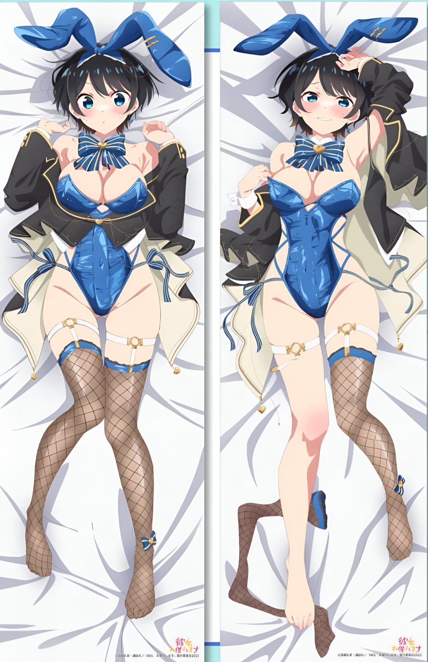 armpits ass_visible_through_thighs bare_shoulders barefoot bed_sheet belly_button_visible_through_clothing big_breasts black_hair blue_eyes blue_leotard blush breasts bunny_ears bunnysuit cleavage dakimakura dakimakura_design feet fishnet_thighhighs fishnets groin kanojo_okarishimasu knee_blush leotard lying official_art parted_lips sarashina_ruka school_uniform short_hair smile thighhighs thighs toes unworn_thighhighs wrist_cuffs zettai_ryouiki