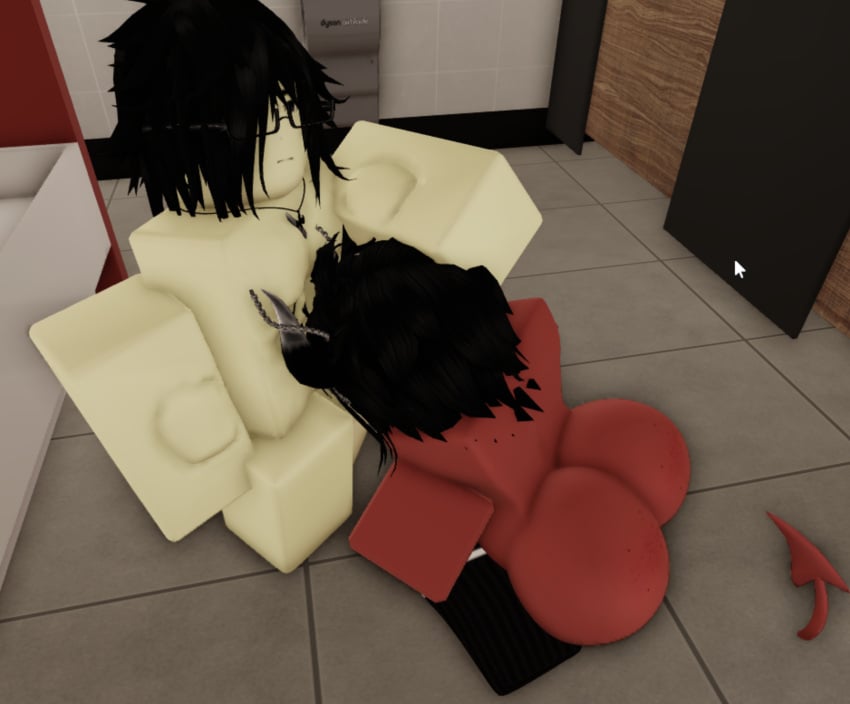 2boys ass black_hair blowjob boy_on_boy bumii demon femboy in_bathroom original_character red_body roblox robloxian sucking_penis twink vampire