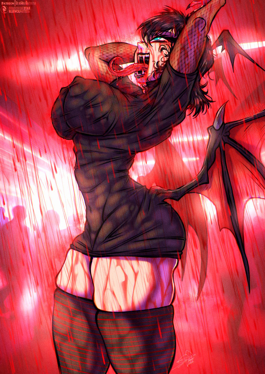 bat_wings big_breasts black_hair blood blood_bath blue_eyes bluewolfartista fangs hotel_transylvania huge_breasts massive_breasts mavis_dracula mavis_dracula_(cosplay) monster_girl nipples_visible_through_clothes nipples_visible_through_clothing sharp_teeth short_hair short_skirt stockings tears thick_thighs thigh_socks thighhighs thirsty tight_clothing vampire vampire_girl wet_body