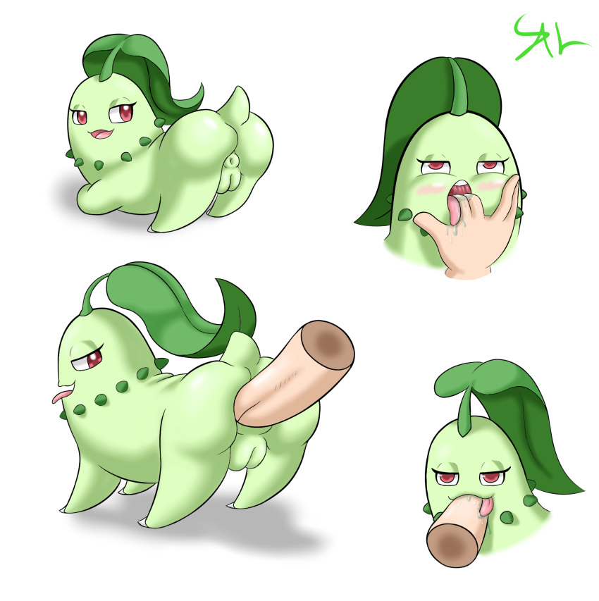 aeyerlock anal anal_sex anus chikorita disembodied_hand disembodied_penis drooling duo fellatio female female_penetrated feral green_skin hi_res human human_on_feral interspecies leaf male male_on_feral male_penetrating mammal nintendo oral penetration penis pokémon_(species) pokemon presenting pussy red_eyes saliva sex simple_background size_difference solo_focus straight tongue video_games zoophilia