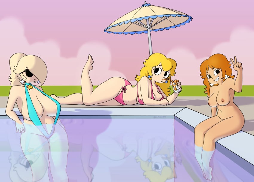 3girls ass bikini breasts female mario_(series) nebularts nintendo nipples nude pool princess_daisy princess_peach princess_rosalina sling_bikini tagme