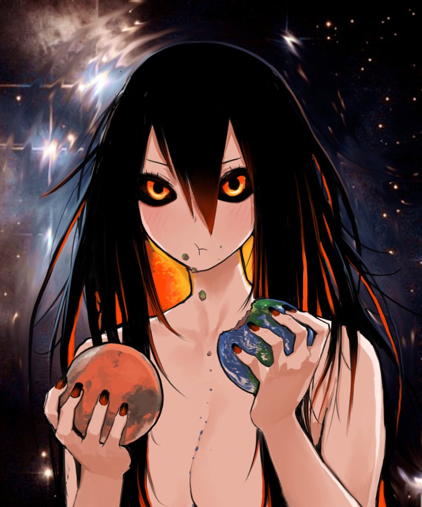 1girls :t black_hair black_hole black_nails black_sclera breasts cleavage convenient_censoring earth eating female female_only hair_between_eyes hair_over_breasts highres holding_object large_breasts long_hair m87_black_hole macro mars nail_polish nude orange_eyes orange_hair orange_nails personification planet solo space stars survival_yaiba two_tone_hair upper_body very_long_hair