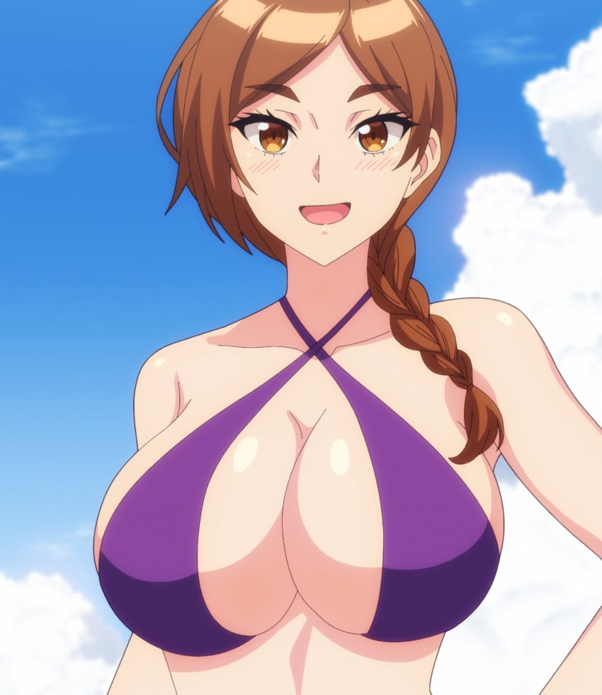 1girls big_breasts bikini braid braided_ponytail breasts brown_eyes brown_hair busty cleavage confident female female_only hand_on_hip highres kaede-sensei_(modaete_yo,_adamu-kun) large_breasts looking_at_viewer modaete_yo,_adamu-kun open_mouth pose posing screencap sideboob smile solo stitched swimsuit tongue