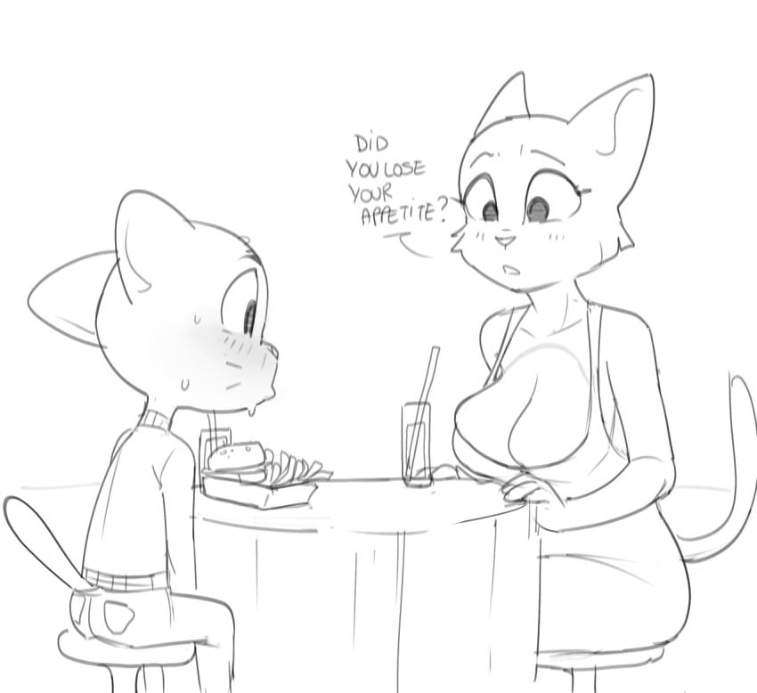 1boy 1boy1girl 1girls 2024 age_difference anthro asking asking_another ass bare_shoulders bent_arm bent_leg beverage big_breasts big_ears big_eyes biped black_and_white black_text blush blush_lines bottomwear breasts burger cartoon_network cheek_tuft cleavage cleavage_overflow clothed clothed_anthro clothed_female clothed_male clothing container crossover crossover_ship cup curved_eyebrows date dbaru dialogue digital_drawing_(artwork) digital_media_(artwork) domestic_cat dress drinking_straw duo english_text eyebrows eyelashes facial_tuft felid feline felis female fingers food fries fully_clothed fully_clothed_anthro fully_clothed_male fur fur_tuft furniture gumball_watterson huge_breasts humanoid_hands iris katia_managan khajiit larger_female looking_at_another looking_at_another's_breasts looking_at_breasts looking_at_partner male male/female mammal markings microsoft monochrome no_bra no_pupils older_female on_stool open_mouth pants pockets prequel_adventure prick_ears question sitting sitting_on_stool size_difference skimpy smaller_male snout stool straight sweater table tail talking_to_another talking_to_partner text the_amazing_world_of_gumball the_elder_scrolls thin_eyebrows three-quarter_view topwear tuft warner_bros warner_brothers webcomic whisker_markings wide_eyed yes-no_question younger_male