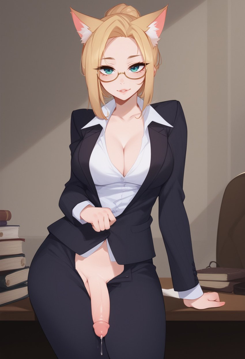 1futa ai_generated aqua_eyes balls bjurne blonde_hair books boss boss_lady cat_ears cat_tail catgirl cleavage desk ear_tuft ear_tufts futa_only futanari glasses hairbun inviting_to_sex inviting_to_stroke inviting_to_suck large_breasts office office_chair office_clothing office_lady penis ponytail precum precum_drip precum_string precum_trail professional_clothes revealing_clothes revealing_penis seductive_smile shirt stable_diffusion suggestive suggestive_look suit suit_jacket unzipped unzipped_pants