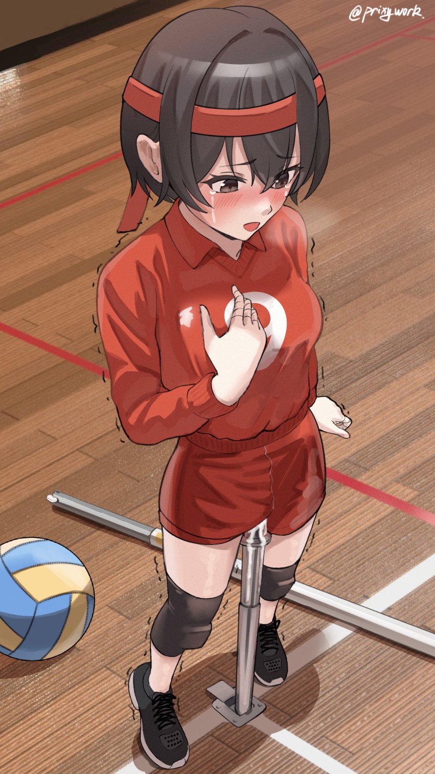 absurdres ball blush breasts brown_hair headband highres knee_pads medium_breasts one_bar_prison original prixy red_headband restrained short_hair sportswear volleyball volleyball_(object)