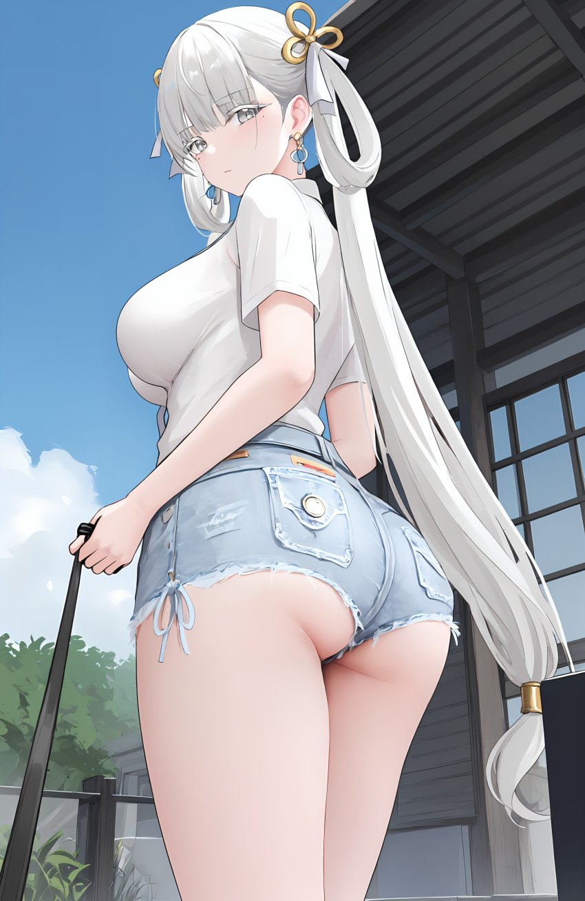 ai_generated alternate_costume ass ass_focus blush booty_shorts breasts denim denim_shorts female from_behind from_below green_eyes huge_ass jinhsi_(wuthering_waves) jinshi large_breasts leash long_hair looking_at_viewer looking_back looking_down shirt short_shorts shorts sideboob silver_hair solo very_long_hair wuthering_waves