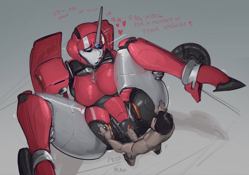 1boy 1girls 2d_(artwork) arcee arcee_(rotb) autobot autobot_insignia built-in_high_heels color dialogue drawn edit edited english_text evil_tradesman female female_autobots grey_body heeled_feet high_heels human human_on_robot human_penetrating larger_female light-skinned_male male nude nude_male robot robot_girl robot_humanoid sex size_difference straight taller_female taller_girl text transformers transformers_rise_of_the_beasts vaginal_penetration vaginal_sex