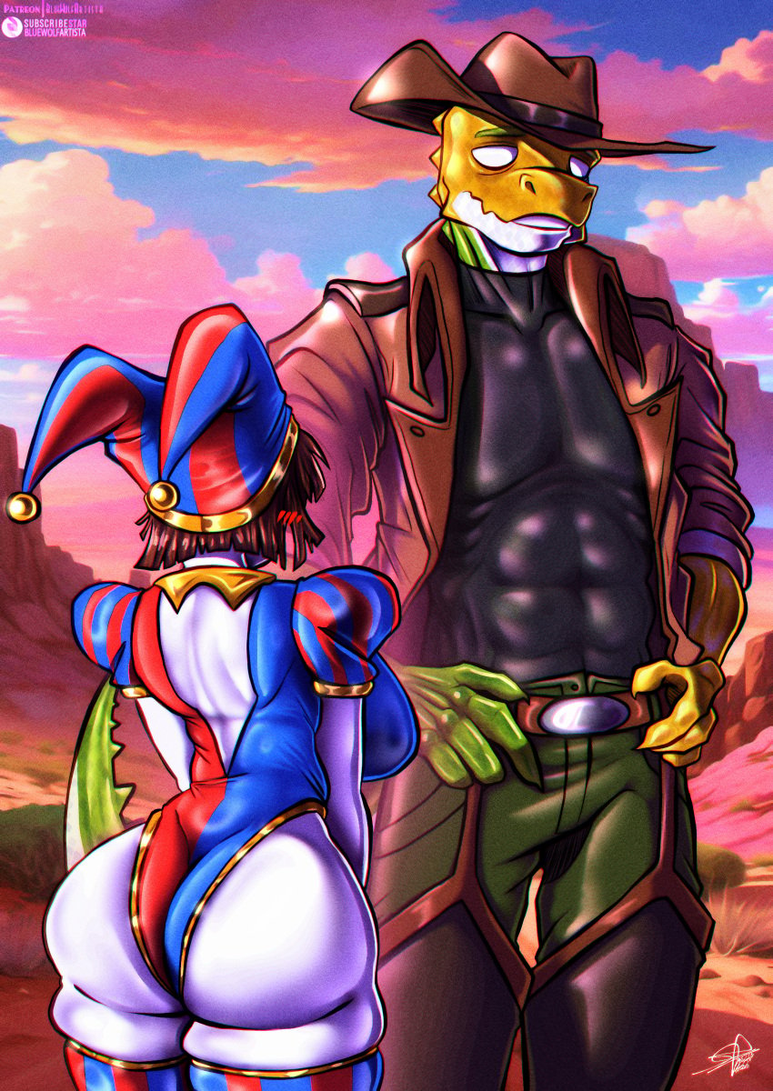 anthro ass ass_visible_through_thighs big_breasts bluewolfartista cowboy_hat desert difference_size female furry gummigoo_(the_amazing_digital_circus) huge_breasts jester_hat lizar male male/female pomni pomni_(the_amazing_digital_circus) scalie size_difference the_amazing_digital_circus thick_thighs thigh_highs white_skin