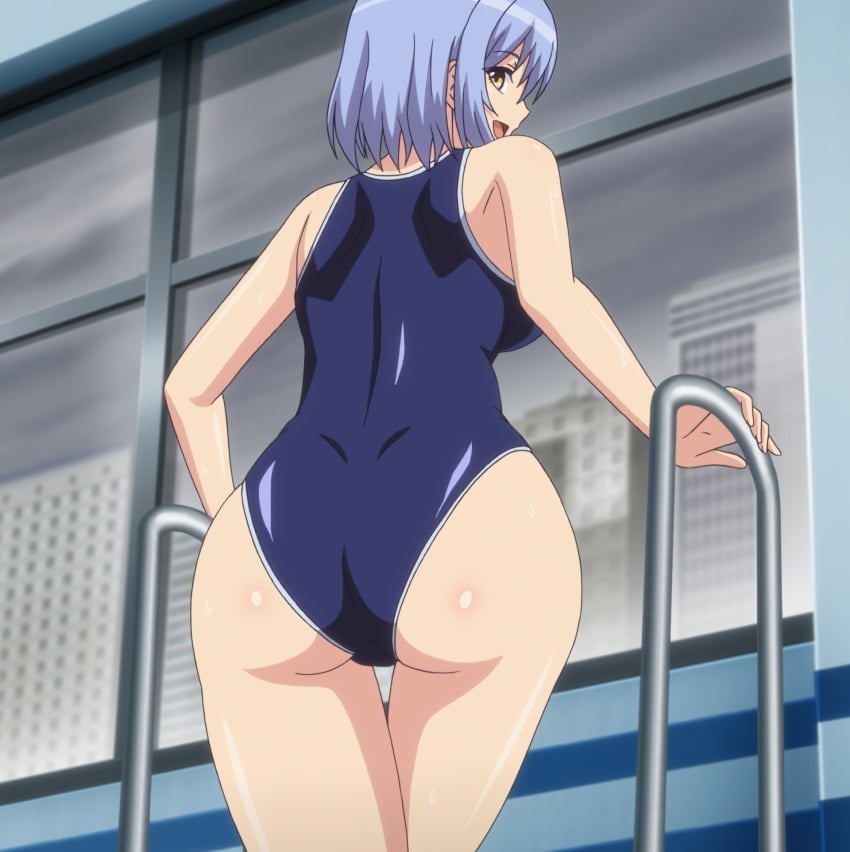 1girls ass backboob big_ass big_breasts blue_hair breasts brown_eyes busty character_request curvy cury fat_ass female female_only gakuen_de_jikan_yo_tomare highres huge_ass large_breasts legs long_hair looking_at_viewer looking_back one-piece_swimsuit open_mouth pool school_swimsuit screencap sensual shiny_skin short_hair smile solo standing stitched swimsuit thighs tongue voluptuous window