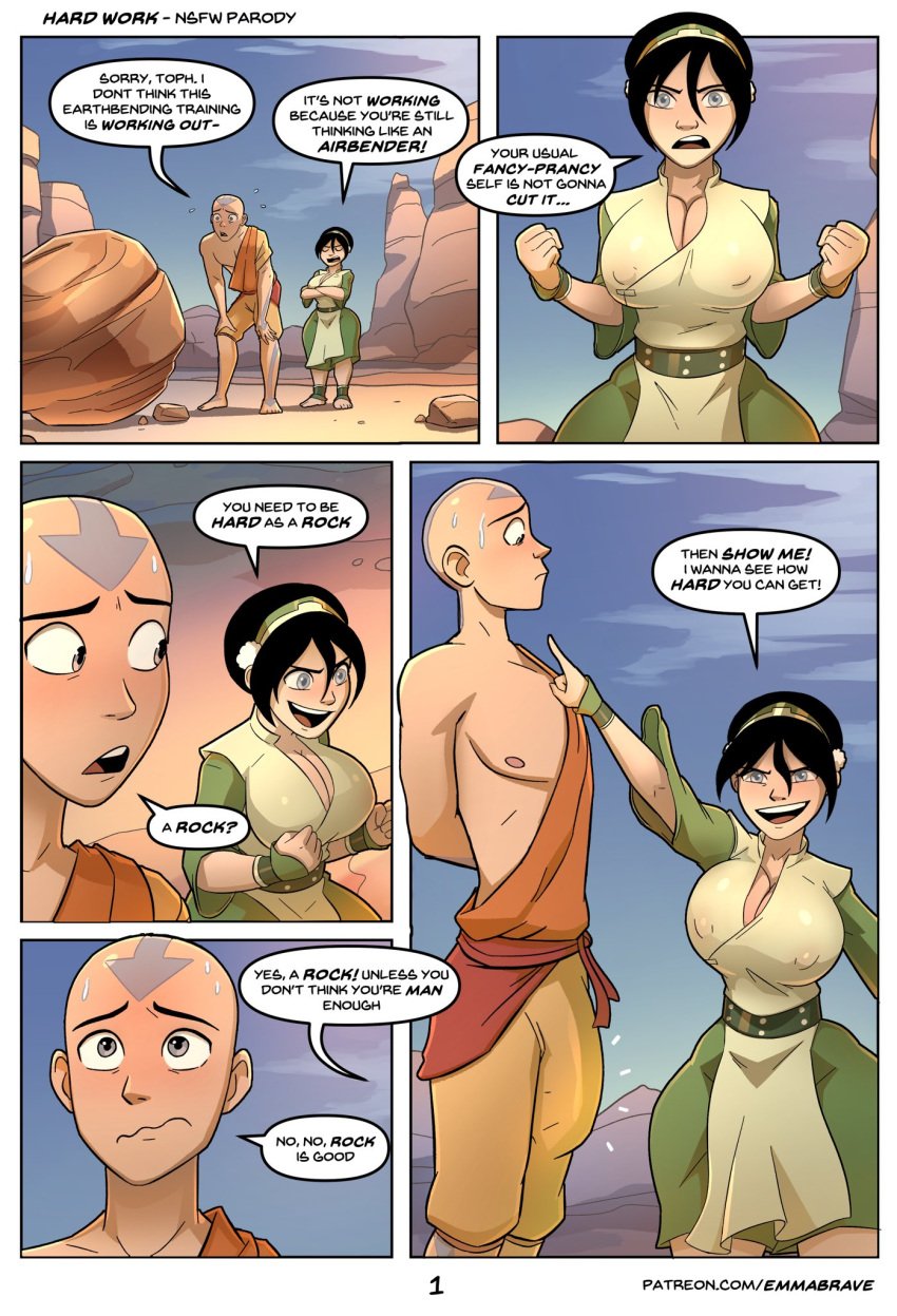 1boy 1girls 2d aang aged_up air_nomad airbender_tattoo avatar_legends avatar_the_last_airbender bald bald_man big_breasts big_penis chest cleavage comic earth_kingdom emmabrave english_text female male nipples nipples_visible_through_clothing page_1 page_number penis_outline penis_visible_through_pants remake shortstack speech_bubble speech_bubbles sweat sweatdrops sweating text the_avatar toph_bei_fong