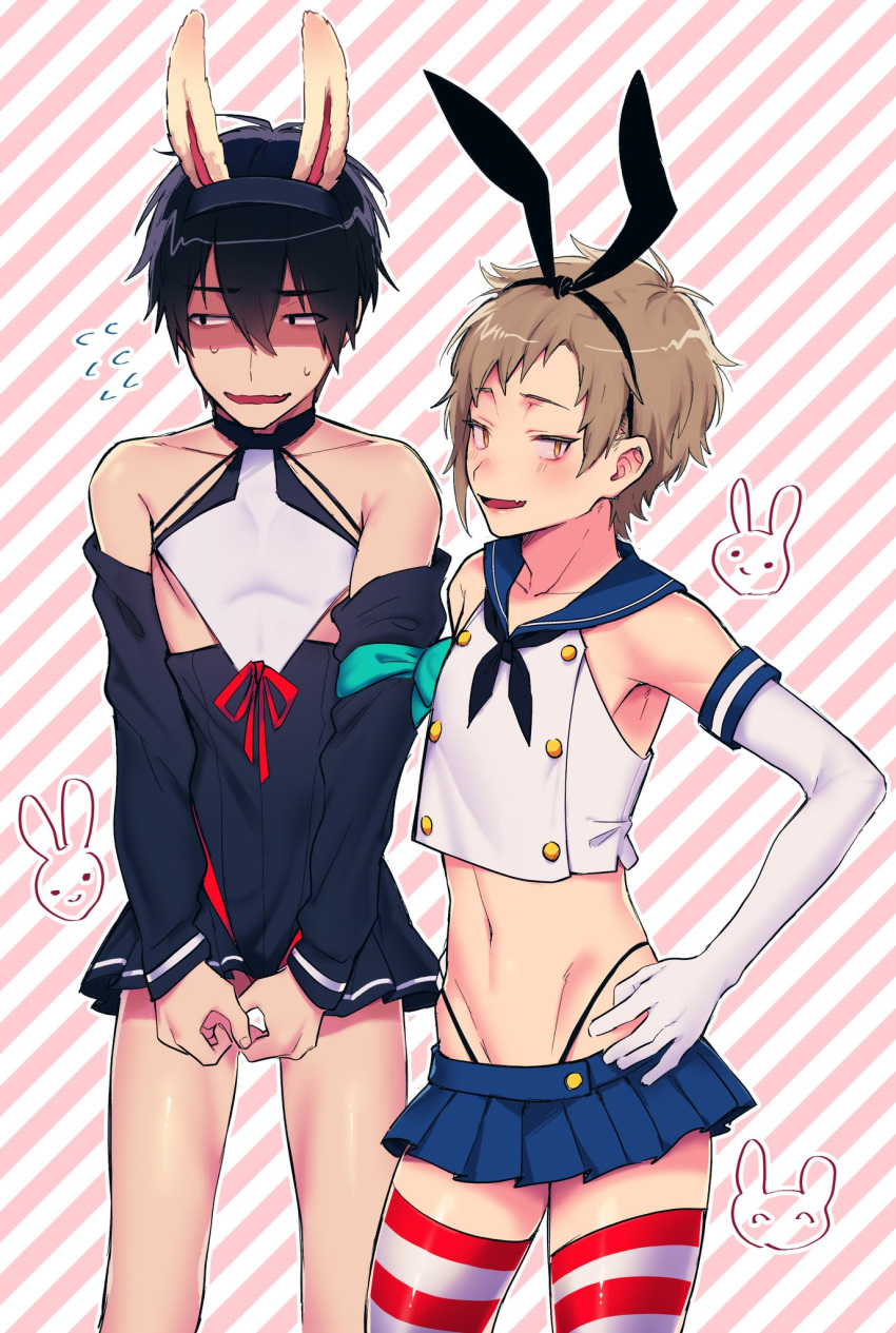 2boys animal_ears armwear blush blushing bunny bunny_ears covering_crotch crossdressing elbow_gloves embarrassed femboy flat_chest flat_chested girly gloves hand_on_hip human japanese kagerou_project kano_shuuya kano_shuya kisaragi_shintarou legwear light_skin male male_focus male_only mekakucity_actors navel panties pose posing sailor_uniform school_uniform seifuku short_dress short_skirt shounen_ai skirt straps striped_legwear thin_waist trap trap_on_trap uniform white_skin yaoi