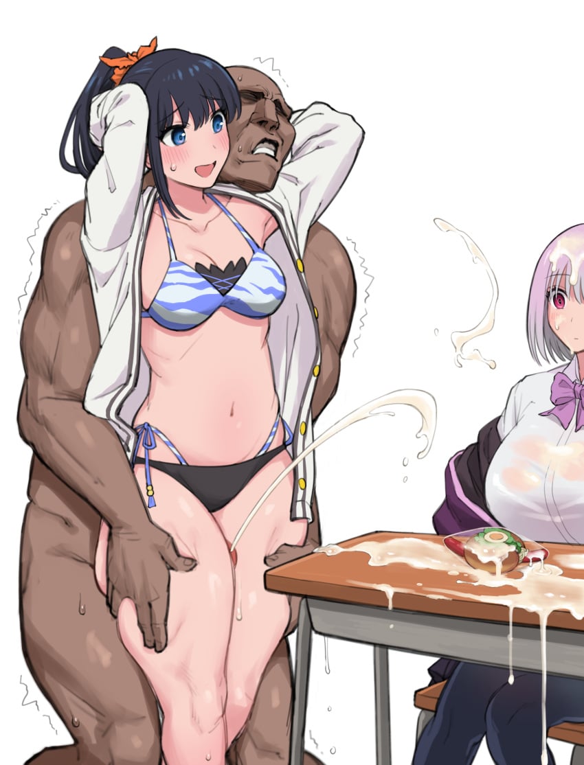 1boy 2girls absurdres arms_behind_head bikini black_hair black_pantyhose blank_stare blue_eyes bow bowtie breasts cardigan clothed_female_nude_male commentary_request cum cum_on_body cum_on_desk cum_on_food cum_on_hair desk ejaculation facial gridman_universe highleg highleg_bikini highres jacket large_breasts long_hair long_sleeves medium_breasts multiple_girls navel nim_r18 nude off_shoulder official_alternate_costume official_alternate_hairstyle open_cardigan open_clothes orange_scrunchie pantyhose penis ponytail purple_bow purple_bowtie purple_hair purple_jacket red_eyes school_desk school_uniform scrunchie shinjou_akane shirt short_hair side-tie_bikini_bottom ssss.gridman straight sweat swimsuit takarada_rikka thigh_grab thigh_sex thighs white_background white_cardigan white_shirt