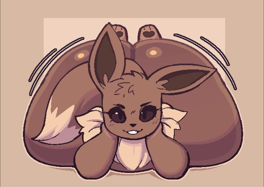 2024 ambiguous_gender anthro ass ass_focus big_ass big_ears black_sclera brown_fur bubble_butt eevee fur furry furry_only generation_1_pokemon huge_ass hyper_butt jiggling_ass laying_on_stomach looking_at_viewer meat_mounds movement_lines neck_fur pawpads paws pokemon pokemon_(species) shaking_ass solo_focus welwraith wobbling_ass