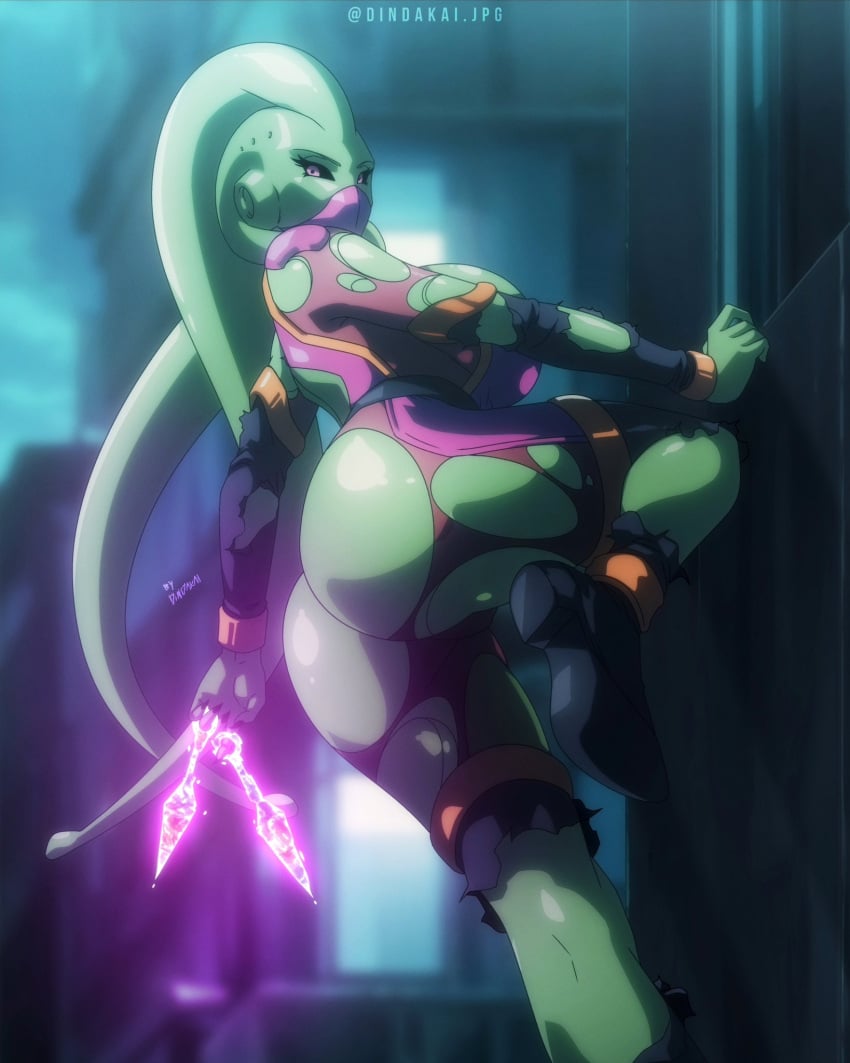 alien_girl ass_focus big_ass big_breasts big_butt black_sclera bodysuit dindakai dragon_ball dragon_ball_z energy_weapon fat_ass female female_majin female_only giant_ass green_ass green_skin huge_ass looking_at_viewer looking_back majin martsie_(transformed) martsie_(vymii) martsie_(vymiiafterdark) ninja oc original_character purple_eyes ripped_bodysuit ripped_clothing solo solo_female thick_ass thick_thighs thighs tight_clothing tight_suit transformation transformed