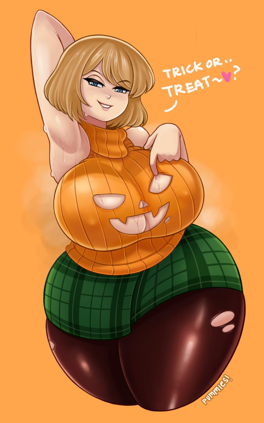 1girls arm_behind_head armpits ashley_graham big_breasts blonde_hair blue_eyes capcom dialogue english_text female female_only halloween heart hi_res huge_breasts huge_thighs looking_at_viewer narrowed_eyes orange_background pantyhose pummies resident_evil resident_evil_4 skirt sleeveless_sweater smiling smiling_at_viewer solo sweater talking_to_viewer text thick_thighs voluptuous wide_hips