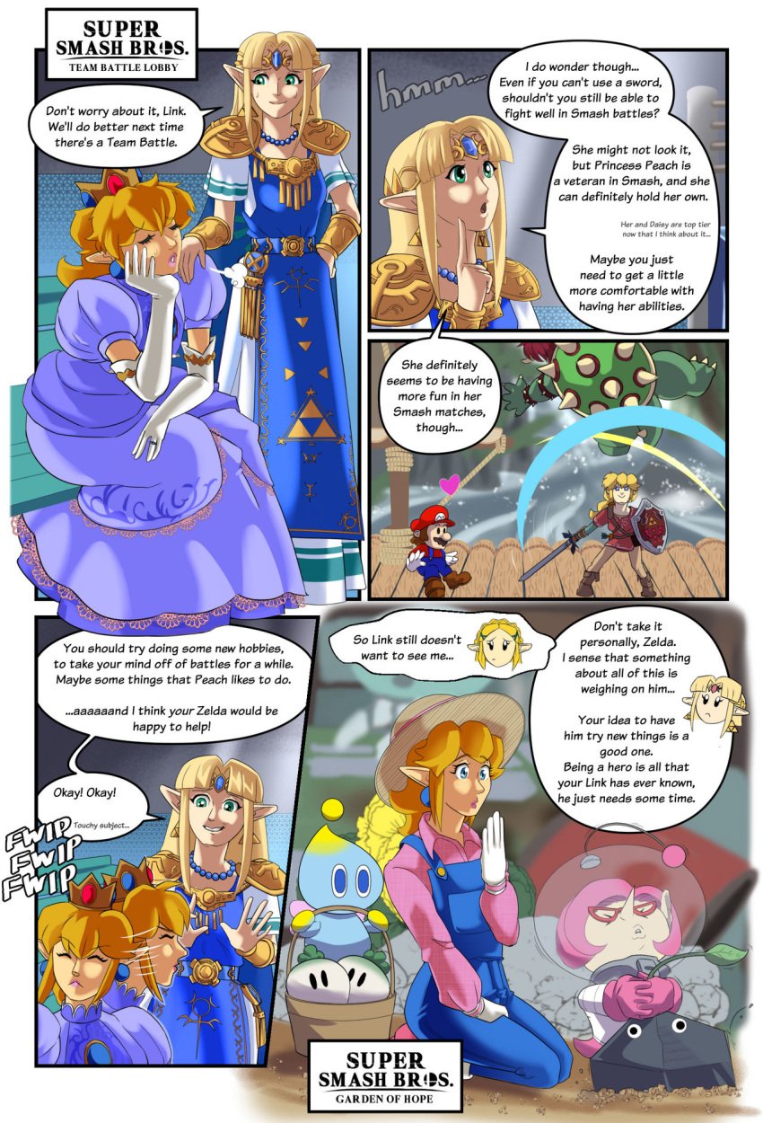 blonde_hair brittany_(pikmin) chao_(sonic) comic crossover dialogue elf elf_ears english_text femboy fieryjinx link link_(breath_of_the_wild) long_ears mario_(series) pikmin pointy_ears princess_peach princess_peach_(cosplay) princess_zelda rock_pikmin speech_bubble sulking super_smash_bros. text zelda_(a_link_between_worlds) zelda_(breath_of_the_wild)