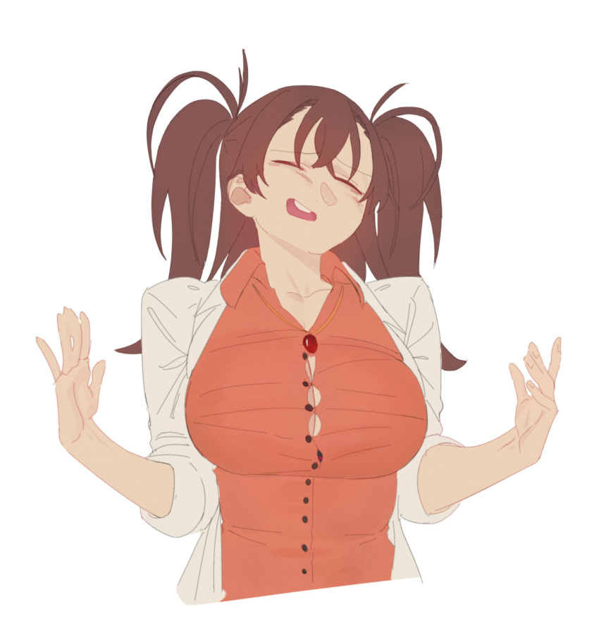 breasts brown_hair dr._arach female highres lab_coat large_breasts leodot long_hair open_mouth orange_vest tsukihime tsukihime_(remake) twintails vest white_background