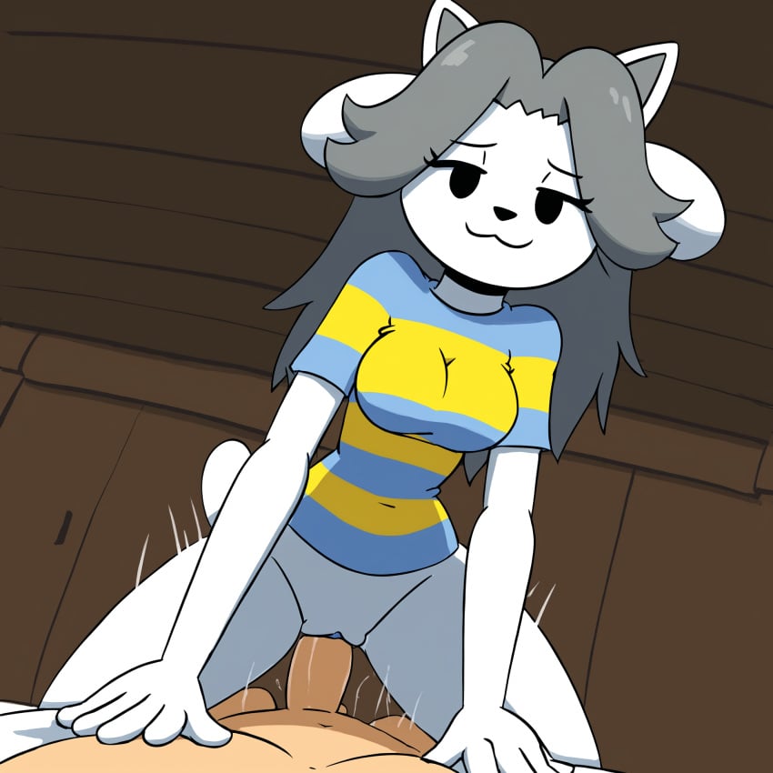 1boy1girl :3 ai_generated animal_ears animal_nose animal_tail anthro anthro_on_top black_eyes blue_and_yellow_striped_shirt bottomless closed_mouth clothed_sex cowgirl_position duo eyelashes furry_with_non-furry gray_hair human human_on_anthro human_on_bottom indoors lidded_eyes long_hair looking_at_viewer medium_breasts minus8 navel parted_bangs penis pov raised_inner_eyebrows short_sleeves straddling straight temmie temmie_(undertale) vaginal_penetration white_skin