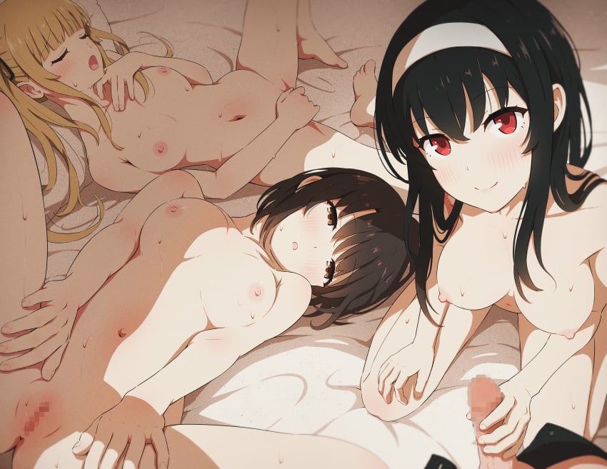 1boy 3girls :o absurdres asou_(asabu202) black_hair blonde_hair blush breasts breasts_apart brown_hair censored closed_eyes female_masturbation hair_between_eyes hairband highres indoors kasumigaoka_utaha katou_megumi kneeling large_breasts long_hair looking_at_viewer lying masturbation mosaic_censoring multiple_girls navel nude open_fly open_mouth pussy saenai_heroine_no_sodatekata sawamura_spencer_eriri seiza short_hair sitting small_breasts smile soles spread_legs sweat twintails yawning