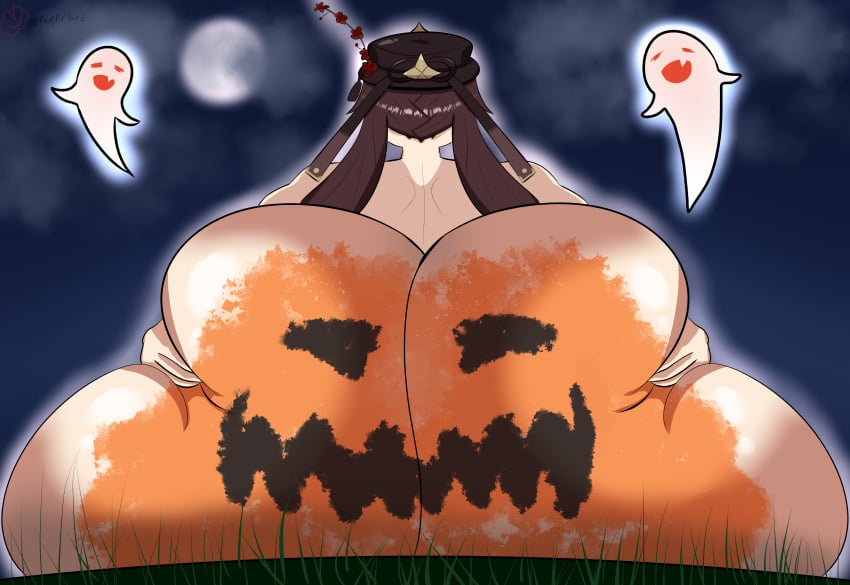 1girls ass ass_focus big_ass colossal_ass doughy_ass genshin_impact ghost giant_ass grabbing_ass grabbing_own_ass halloween hands_on_ass hoyoverse hu_tao_(genshin_impact) huge_ass pumpkin pumpkin_butt vampycloud