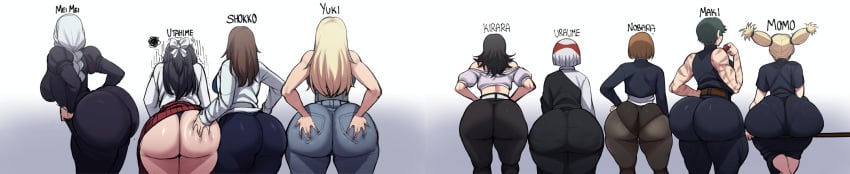 ass ass_bigger_than_head ass_comparison big_ass big_ass_(male) big_butt blackwhiplash bwl female female_focus femboy hoshi_kirara huge_ass jujutsu_kaisen kugisaki_nobara large_ass large_butt mei_mei_(jujutsu_kaisen) multiple_girls nishimiya_momo pantylines rose_spread shoko_ieiri size_chart uraume utahime_iori yuki_tsukumo yuri zenin_maki