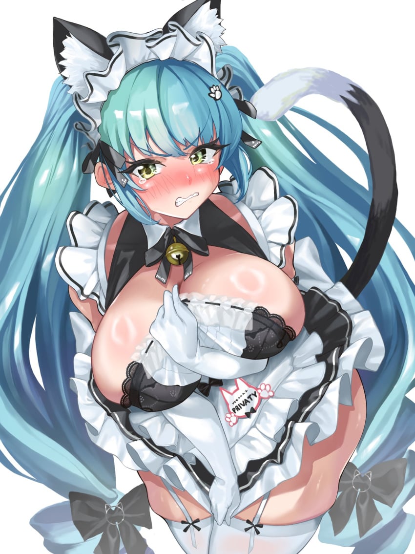 angry animal_ears apron aqua_hair bell black_dress blush breasts cat_ears cleavage clenched_teeth dress elbow_gloves embarrassed female garter_straps gloves goddess_of_victory:_nikke highres hiromusan large_breasts long_hair looking_at_viewer low_neckline maid maid_apron maid_headdress neck_bell paw_hair_ornament privaty_(nikke) privaty_(unkind_maid)_(nikke) tearing_up teeth thighhighs twintails very_long_hair wavy_mouth white_apron white_garter_straps white_gloves white_headdress white_thighhighs yellow_eyes