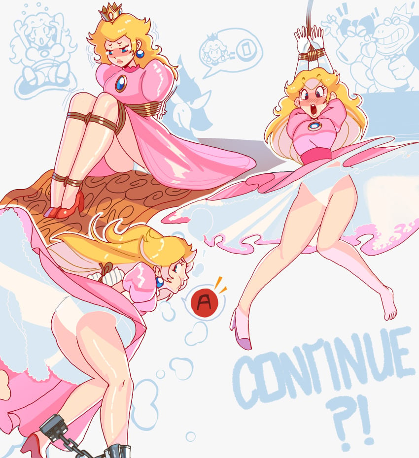 2024 birdo blonde_hair blue_eyes bondage bound bound_ankles bound_legs bound_wrists chains clothed crown dress earrings english_text female female_focus gloves high_heels long_hair male mario_(series) mildmagicks multiple_views nintendo panties pidgit pink_dress princess_peach restrained rope rope_bondage solo_focus super_mario_bros._2 text thighs wart_(mario) white_gloves white_panties