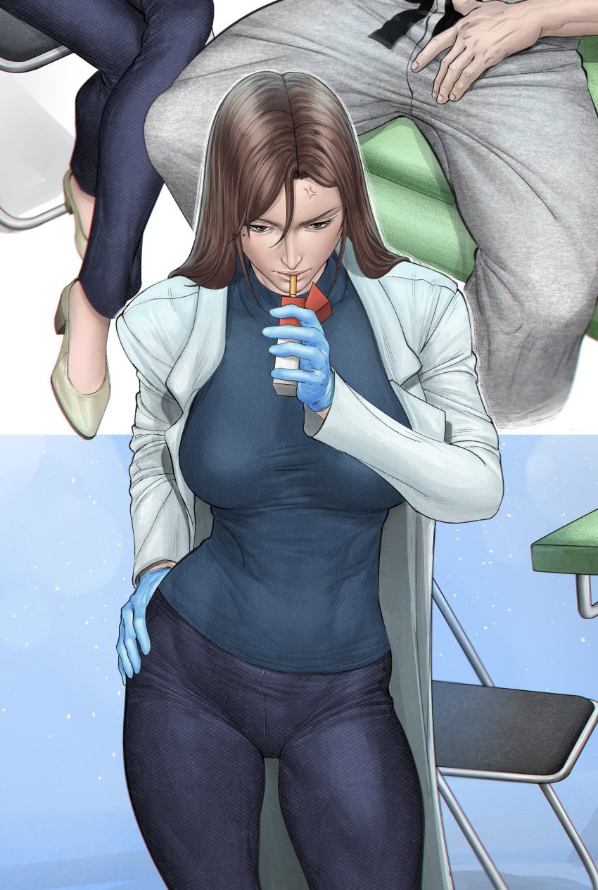 abs angry bags_under_eyes big_breasts brown_hair cigarette curvy curvy_figure doctor fit_female fully_clothed gloves hand_on_hip jujutsu_kaisen labcoat large_breasts mole mole_under_eye pose posing shoko_ieiri small_waist smoking smoking_cigarette soft_breasts thick_thighs thighs