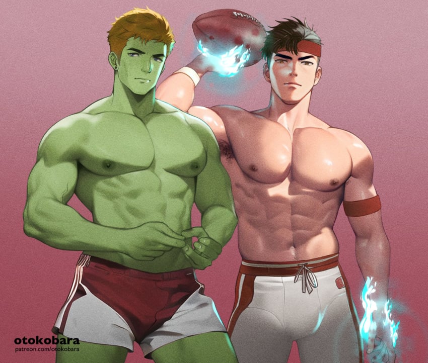 2boys abs alien armpit_hair artist_name biceps billy_kaplan black_hair blonde_hair blue_eyes brown_eyes bulge canon_couple couple dark_hair duo ear_piercing earrings football football_uniform frowning gay_male green_body green_skin hulkling human light-skinned_male light_skin looking_at_viewer magic magic_user male male_only marvel marvel_comics muscles muscular muscular_male nipples no_visible_genitalia otokobara pecs piercing shirtless shirtless_male shorts smooth_chest standing standing_position superhero teddy_altman wiccan wizard young_avengers