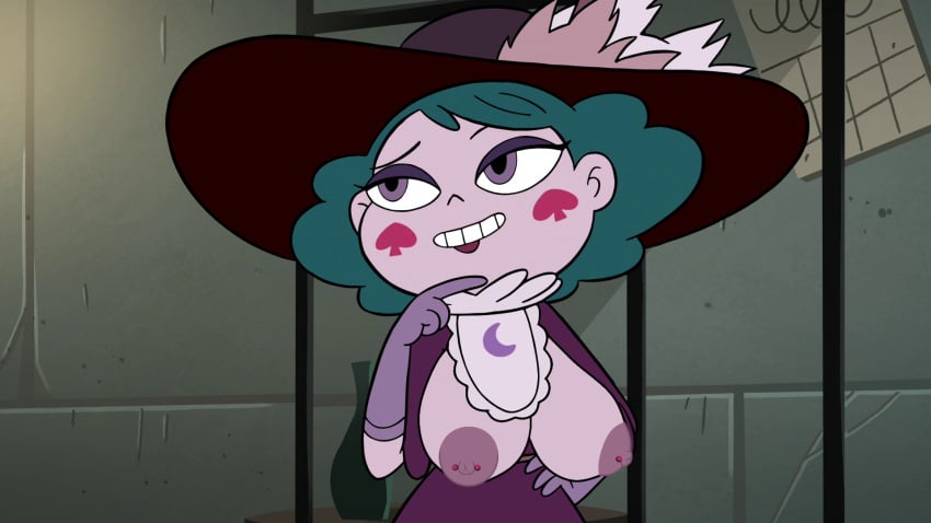 alternate_breast_size breasts breasts_out disney disney_channel eclipsa_butterfly edit eyeshadow facial_marking female green_hair hat huge_breasts lipstick nipple_piercings nipples purple_eyes star_vs_the_forces_of_evil