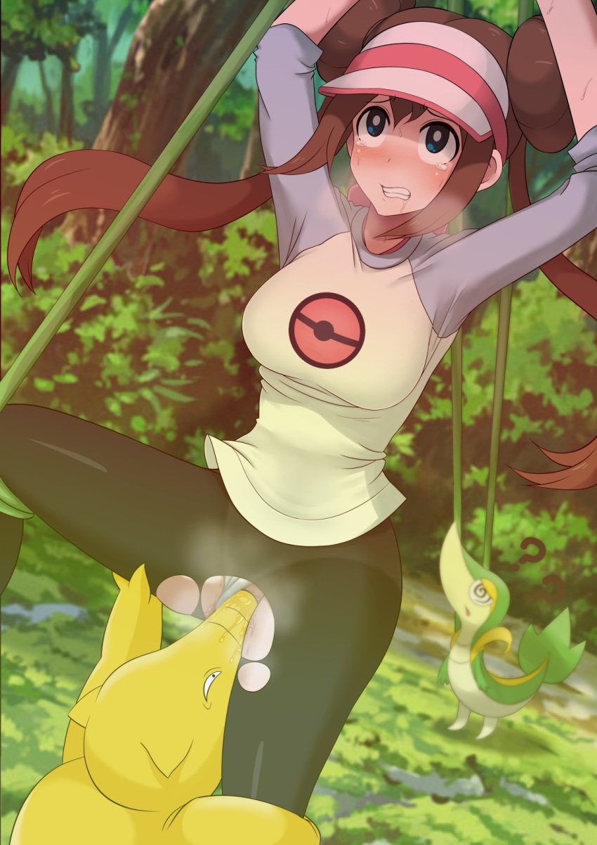 1girls ambiguous_gender blue_eyes bondage breasts brown_hair busty clothed drowzee female feral human interspecies masu nude pokemon pokemon_(species) pokemon_bw2 pokephilia rape restrained rosa_(pokemon) scalie smell snivy twintails vines