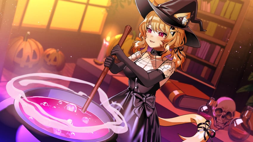 blonde_hair breasts cat_ears cat_tail catgirl face_markings female franek89 red_eyes squchan_(vtuber) virtual_youtuber vyugen witch_costume witch_hat