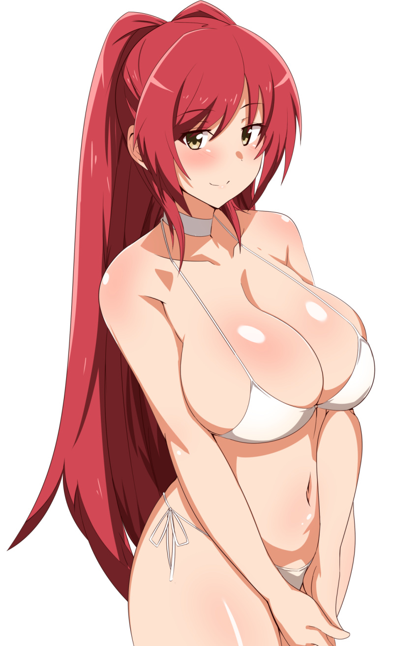 bikini breasts cleavage female female_only highres huge_breasts kousaka_tamaki large_breasts long_hair navel red_hair seihekiog shiny_skin simple_background smile solo string_bikini swimsuit to_heart_(series) to_heart_2 very_long_hair