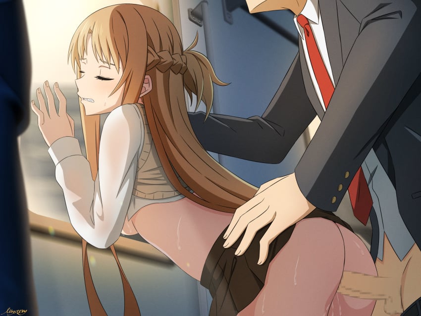 1boy 1girl adult adult_and_teenager adult_male age_difference arched_back ass beige_vest bending_over black_skirt black_suit braid breasts breasts_out brown_eyes brown_hair censored clenched_teeth closed_eyes closed_mouth faceless_male female female_focus forced fucked_from_behind hand_on_hip hand_on_shoulder hands_against_glass hands_on_wall heavenly_ass high_resolution highres large_penis light-skinned_female light-skinned_male light_skin long_hair long_sleeves male male/female miniskirt molestation molester mosaic_censoring mysteryctu necktie older_male older_man_and_teenage_girl older_penetrating_younger paid_reward paid_reward_available pained_expression penis pleated_skirt rape raped raped_girl red_necktie school_uniform sex sex_from_behind shirt shirt_up side_braid sideboob skirt skirt_up slim_waist straight suit sweat sweatdrop sword_art_online taken_from_behind teenage_girl teenager testicles train train_interior vaginal_penetration vaginal_sex vest vest_lift white_shirt yuuki_asuna