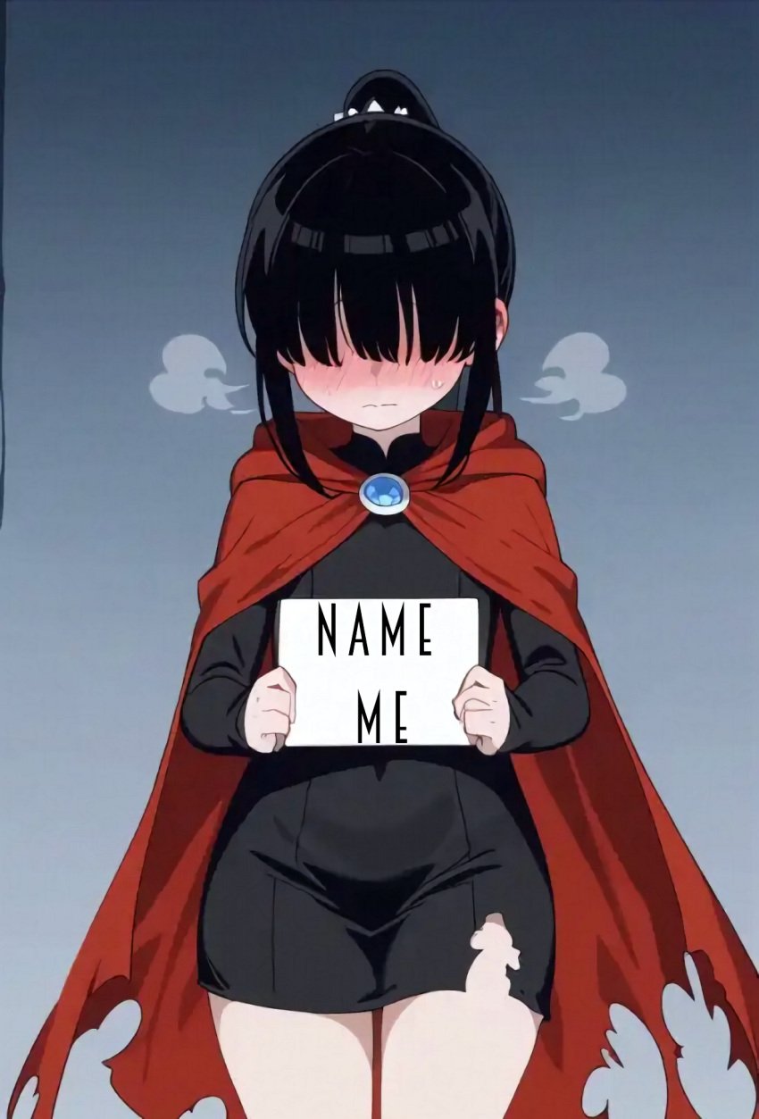 1boy 1femboy ai_generated black_hair blush cape femboy holding_object kikiyo_(soapiey) oc original_character sign soapiey solo tagme text torn_clothes