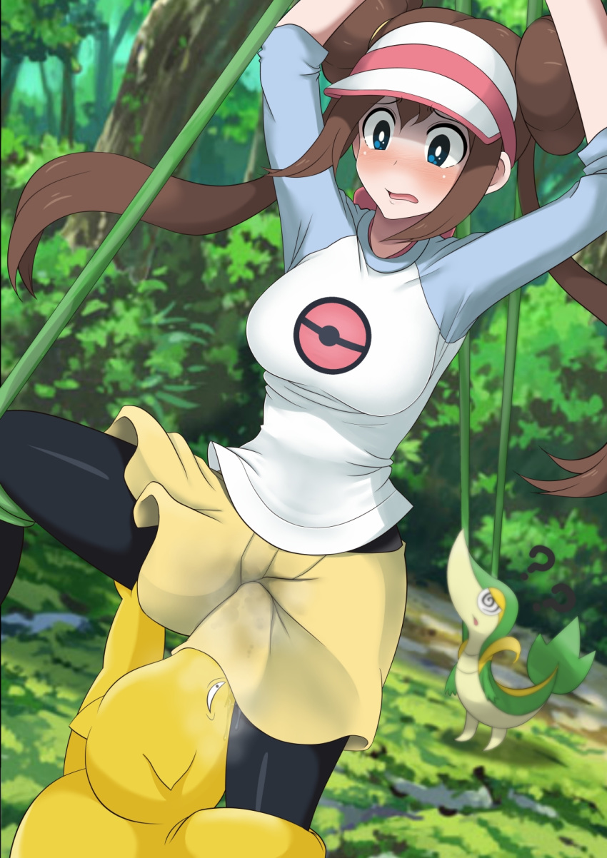 1girls ambiguous_gender blue_eyes bondage breasts brown_hair busty clothed drowzee female feral human interspecies masu nude pokemon pokemon_(species) pokemon_bw2 pokephilia rape restrained rosa_(pokemon) scalie snivy twintails vines