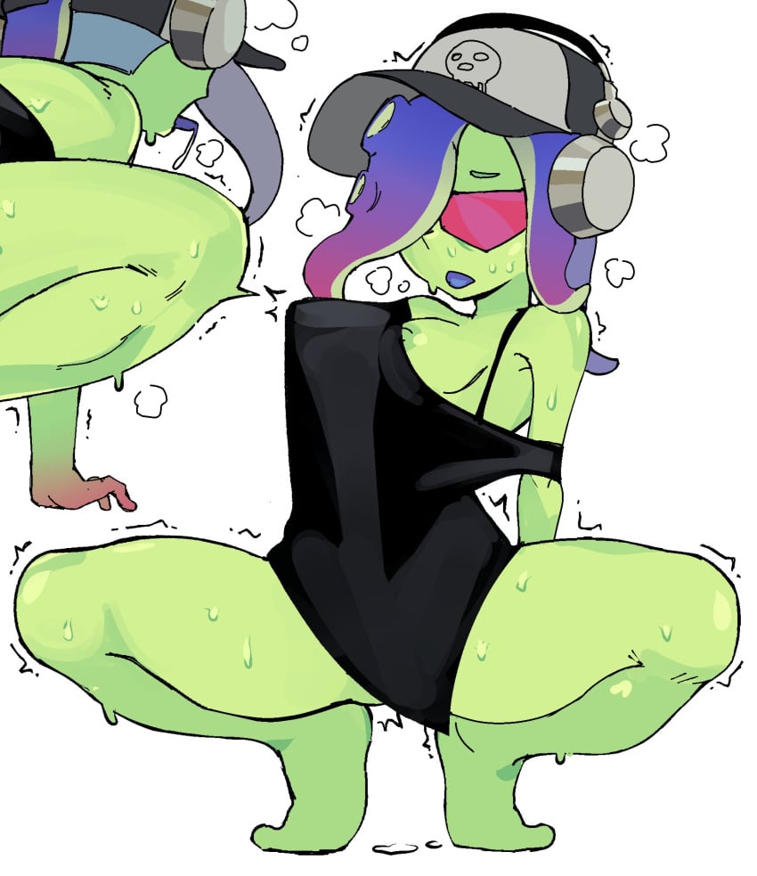 acht_(splatoon) bottomless breasts dedf1sh feet green_skin horny nipple_slip nipples nobloo splatoon splatoon_2 splatoon_3 squatting sweat thick_thighs thighs