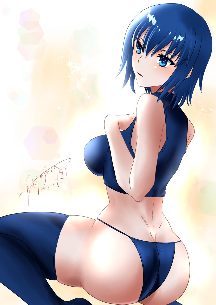 absurdres ass blue_eyes blue_hair boots breasts ciel_(tsukihime) female highres medium_breasts short_hair signature sorano_tsukiyo tank_top thigh_boots thighhighs thong tsukihime underwear