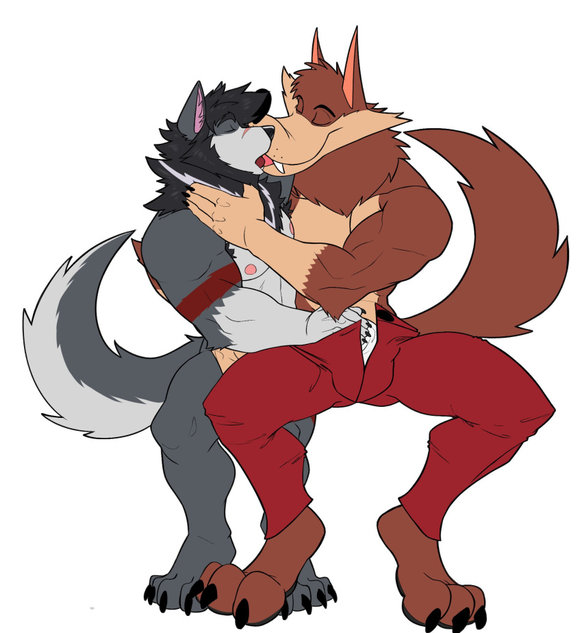 anthro bulge canid canine canis closed_eyes clothing duo french_kissing grope hank_howell_(piti_yindee) hi_res kissing male male/male mammal muscular seyrmo sitting wolf