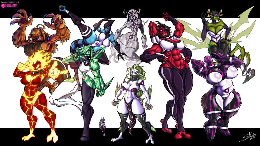 alien alien_girl alien_humanoid ben_10 ben_10_(classic) big_breasts blue_body bluewolfartista breasts brown_body cartoon_network chaquetrix chubby diamond diamondhead ectonurite female female_focus fire fourarms galvan galvan_(ben_10) galvanic_mechamorph ghostfreak grey_body grey_matter heatblast huge_breasts kineceleran lepidopterran lepidopterran_(ben_10) massive_breasts muscle muscular muscular_female orange_hair petrosapien pink_eyes piscciss_volann pyronite red_body ripjaws simple_background size_difference stinkfly subsapien_(ben_10) tetramand thick_thighs thigh_highs thighhighs upgrade_(ben_10) vulpimancer wide_hips wildmutt xlr8