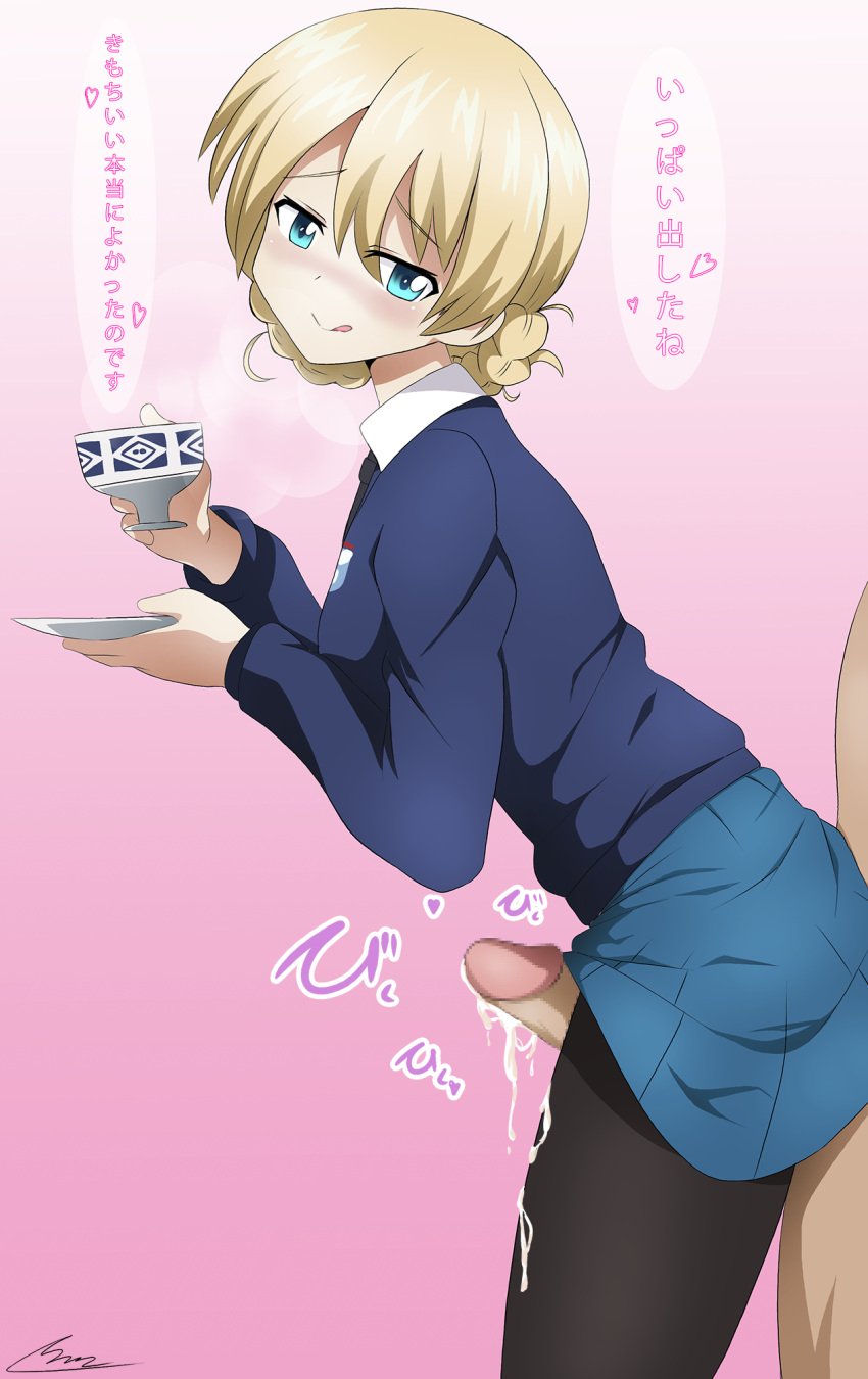 1boy black_legwear blonde_hair blue_eyes blush cum cum_on_body cum_on_lower_body darjeeling female girls_und_panzer highres pantyhose school_uniform shoutaro_saito st._gloriana's_school_uniform tea thigh_sex translation_request