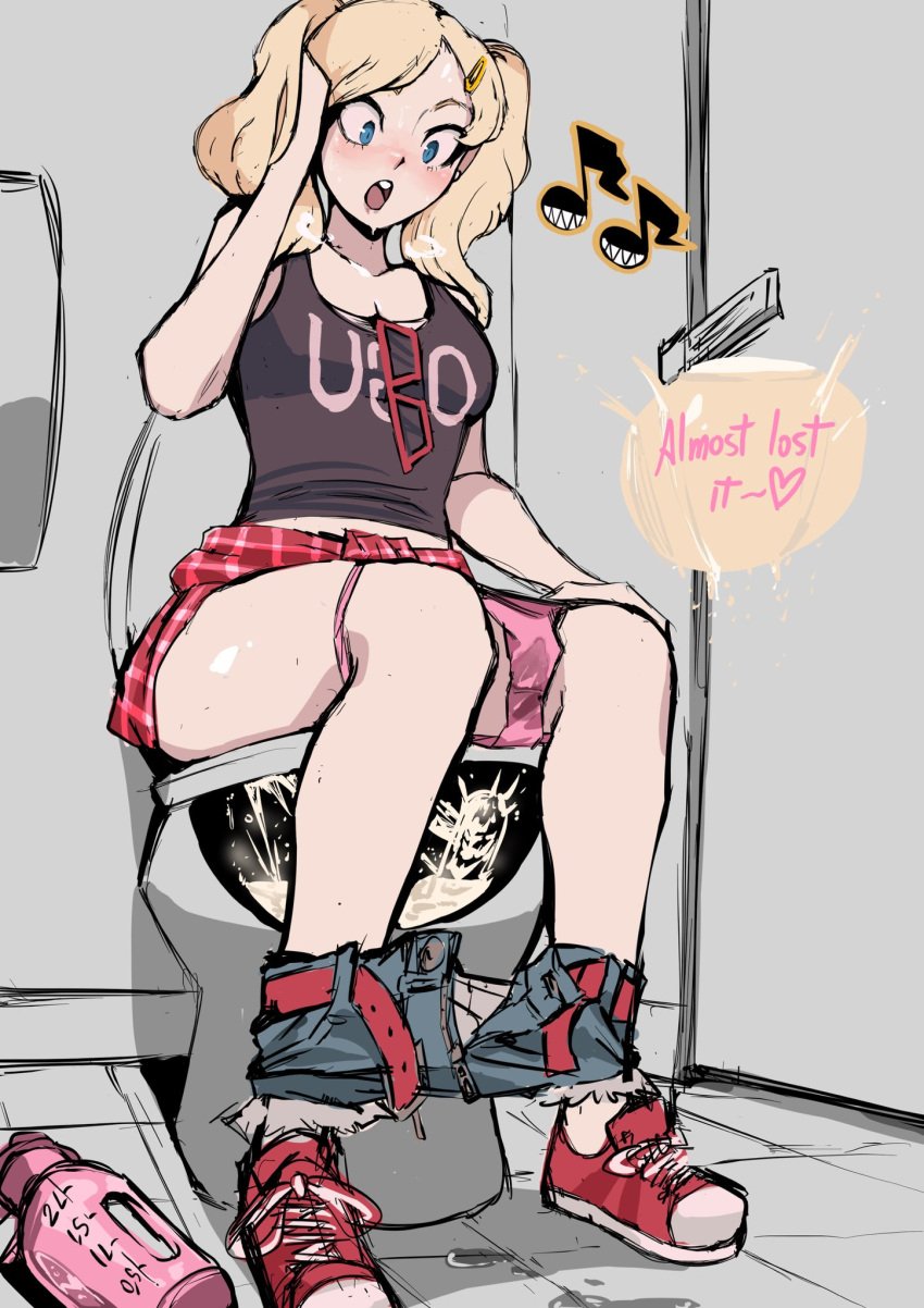 1girls ann_takamaki atlus bathroom belt biku black_tank_top blonde_hair blue_eyes blush bottle clothes_pull denim denim_shorts english_text highres looking_at_self musical_note open_fly open_mouth open_shorts panties panties_around_leg pants pants_pull panty_pull peeing persona persona_5 pink_panties plaid_clothes plaid_skirt red_belt shoes shorts sitting skirt sneakers stained_panties sunglasses sunglasses_removed sweat tank_top toilet toilet_use twintails underwear unzipped water_bottle wet wet_panties wide-eyed x-ray