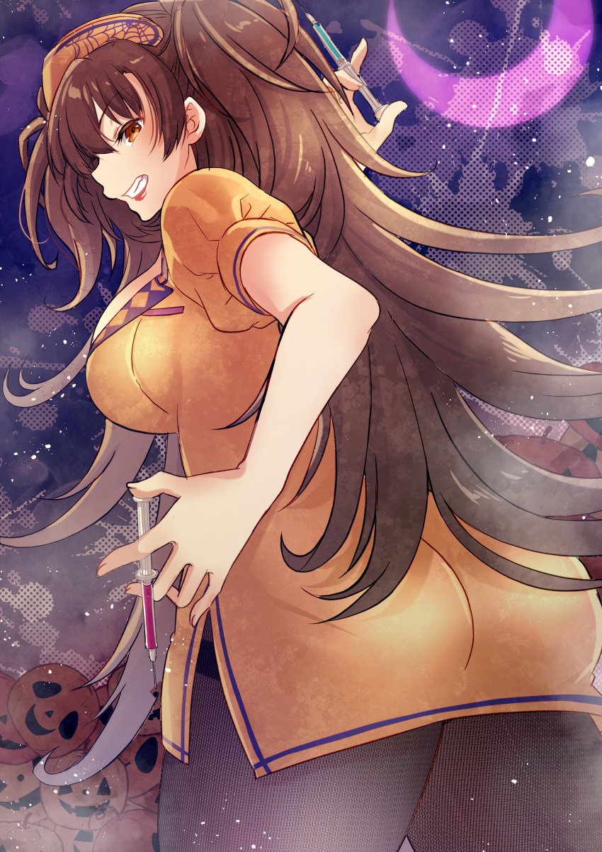 absurdres ass ass big_ass breasts brown_hair dr._arach female highres holding holding_syringe huge_ass large_breasts looking_at_viewer moon non-web_source nurse orange_vest pantyhose pumpkin shimotsukishin smile smug syringe tsukihime tsukihime_(remake) vest yellow_eyes