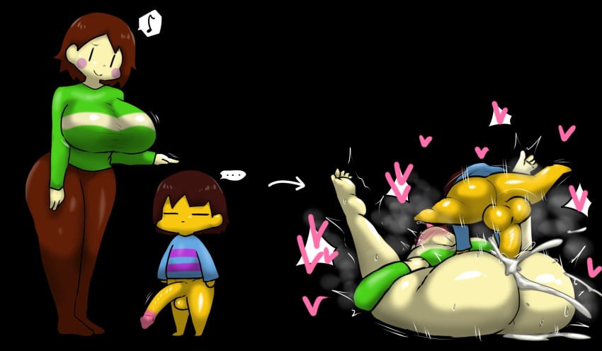 1boy 1girl aged_up ass before_and_after big_ass big_breasts big_sub_small_dom black_background breasts brown_hair chara chara_(undertale) charisk clothed_female cum cum_in_pussy cum_inside enigi09 female_chara frisk frisk_(undertale) half_naked_female half_naked_male half_nude half_nude_female heart_around_head long_penis male_frisk mating_press rosy_cheeks sex small_dom_big_sub smaller_male solo solo_male tagme thick_thighs thighs tongue_out undertale undertale_(series) vaginal_penetration yellow_skin